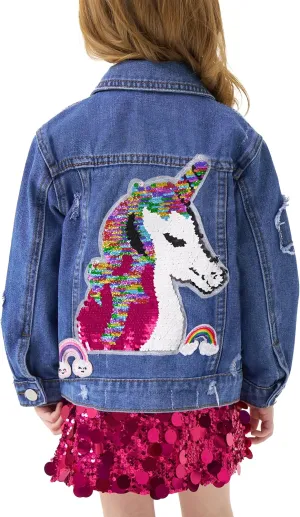Miipat Toddler Girls Denim Jacket Sequin Patchwork Jean Jacket Little Kids Button Down Long Sleeve Jean Coat