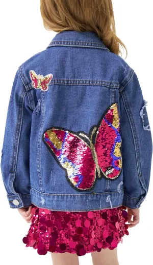 Miipat Toddler Girls Denim Jacket Sequin Patchwork Jean Jacket Little Kids Button Down Long Sleeve Jean Coat