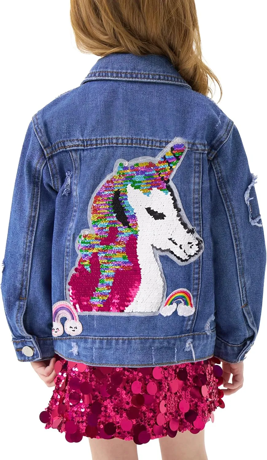 Miipat Toddler Girls Denim Jacket Sequin Patchwork Jean Jacket Little Kids Button Down Long Sleeve Jean Coat