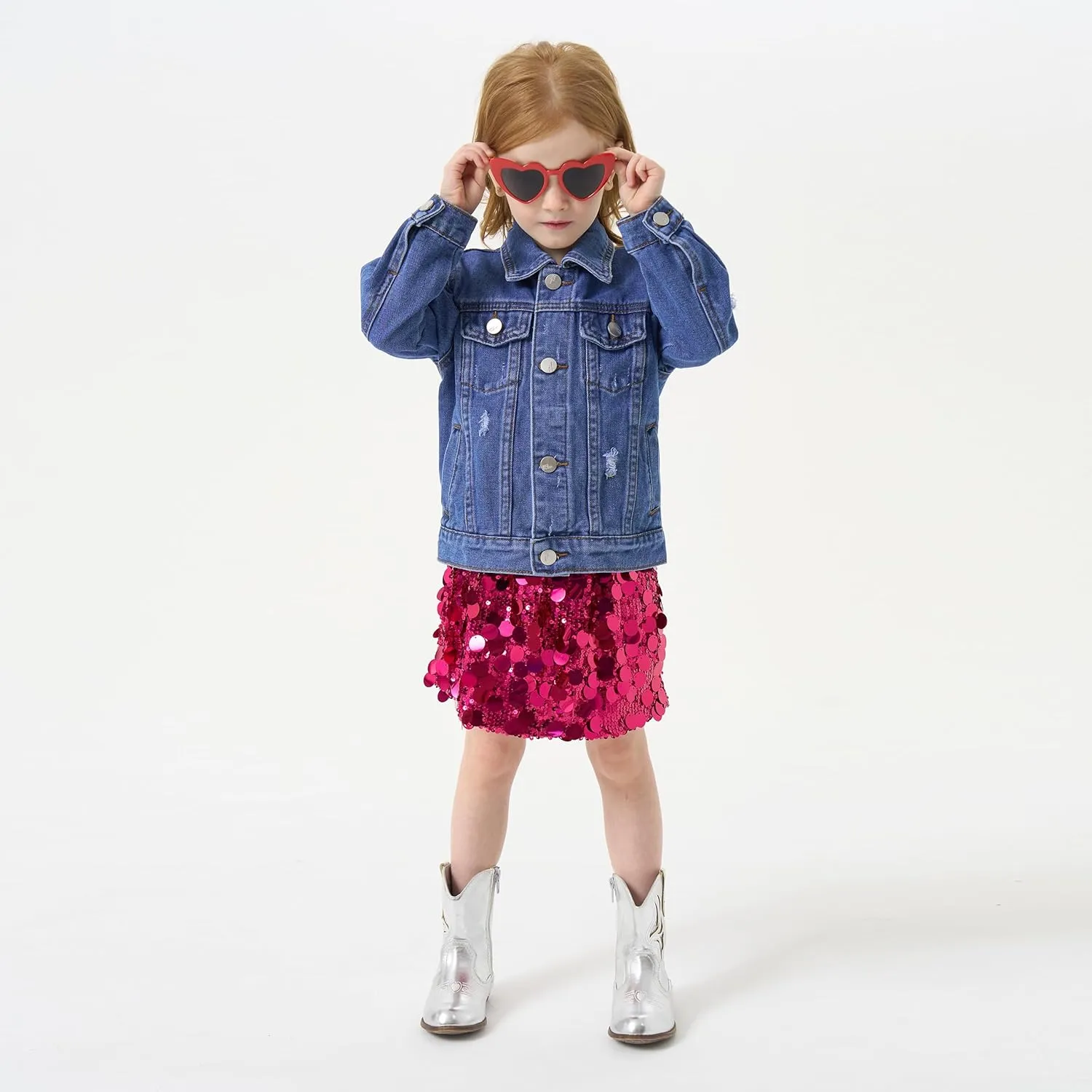 Miipat Toddler Girls Denim Jacket Sequin Patchwork Jean Jacket Little Kids Button Down Long Sleeve Jean Coat
