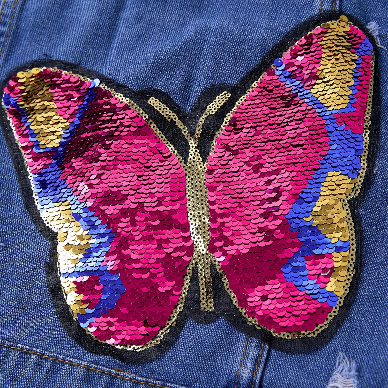 Miipat Toddler Girls Denim Jacket Sequin Patchwork Jean Jacket Little Kids Button Down Long Sleeve Jean Coat