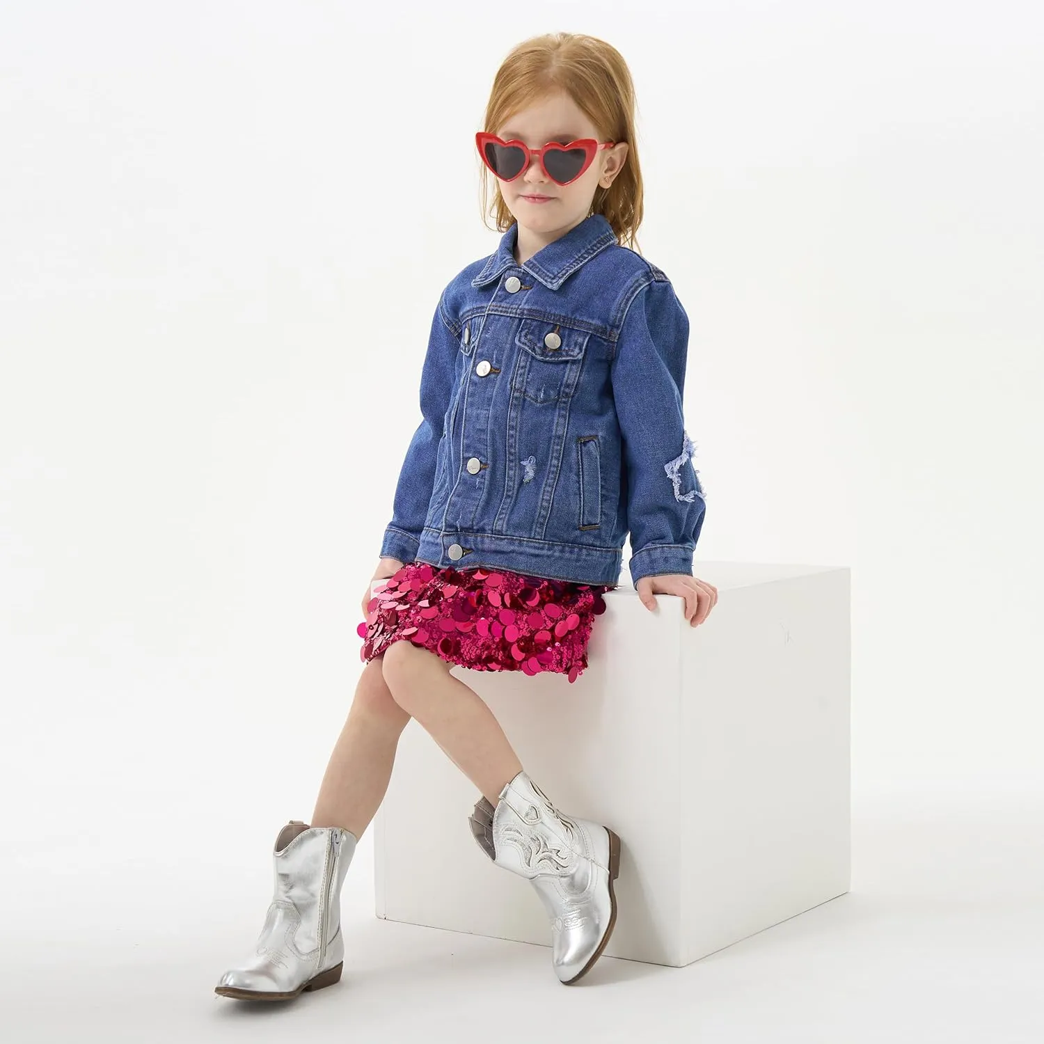 Miipat Toddler Girls Denim Jacket Sequin Patchwork Jean Jacket Little Kids Button Down Long Sleeve Jean Coat