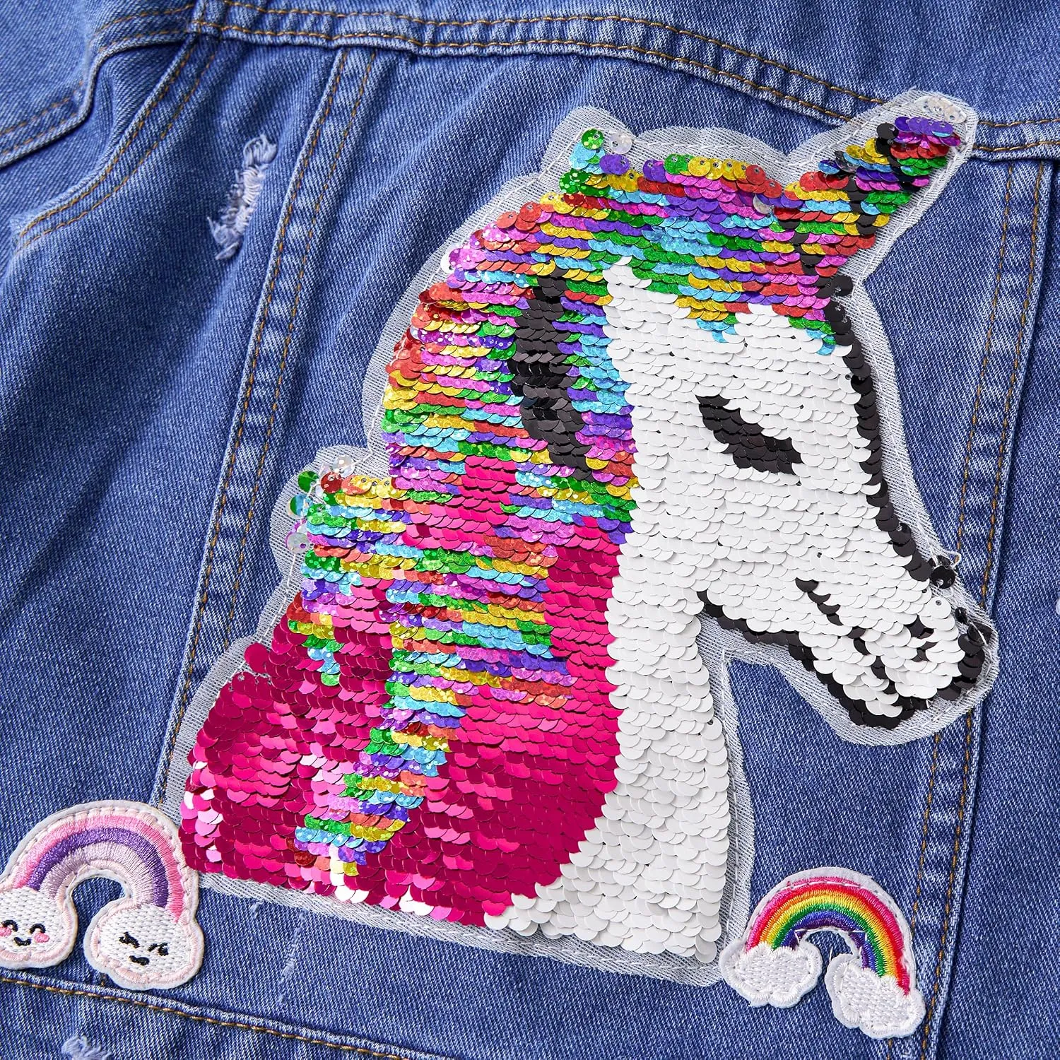 Miipat Toddler Girls Denim Jacket Sequin Patchwork Jean Jacket Little Kids Button Down Long Sleeve Jean Coat