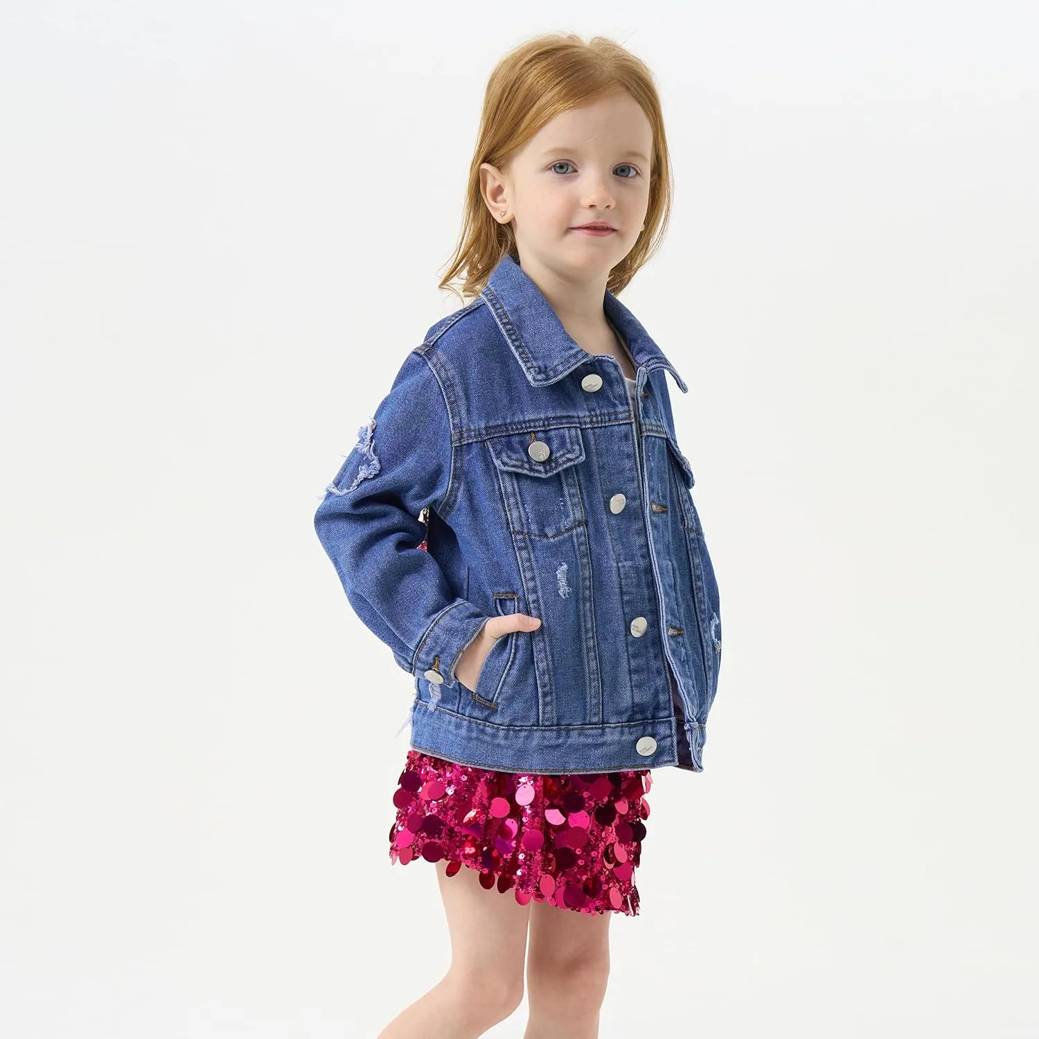 Miipat Toddler Girls Denim Jacket Sequin Patchwork Jean Jacket Little Kids Button Down Long Sleeve Jean Coat