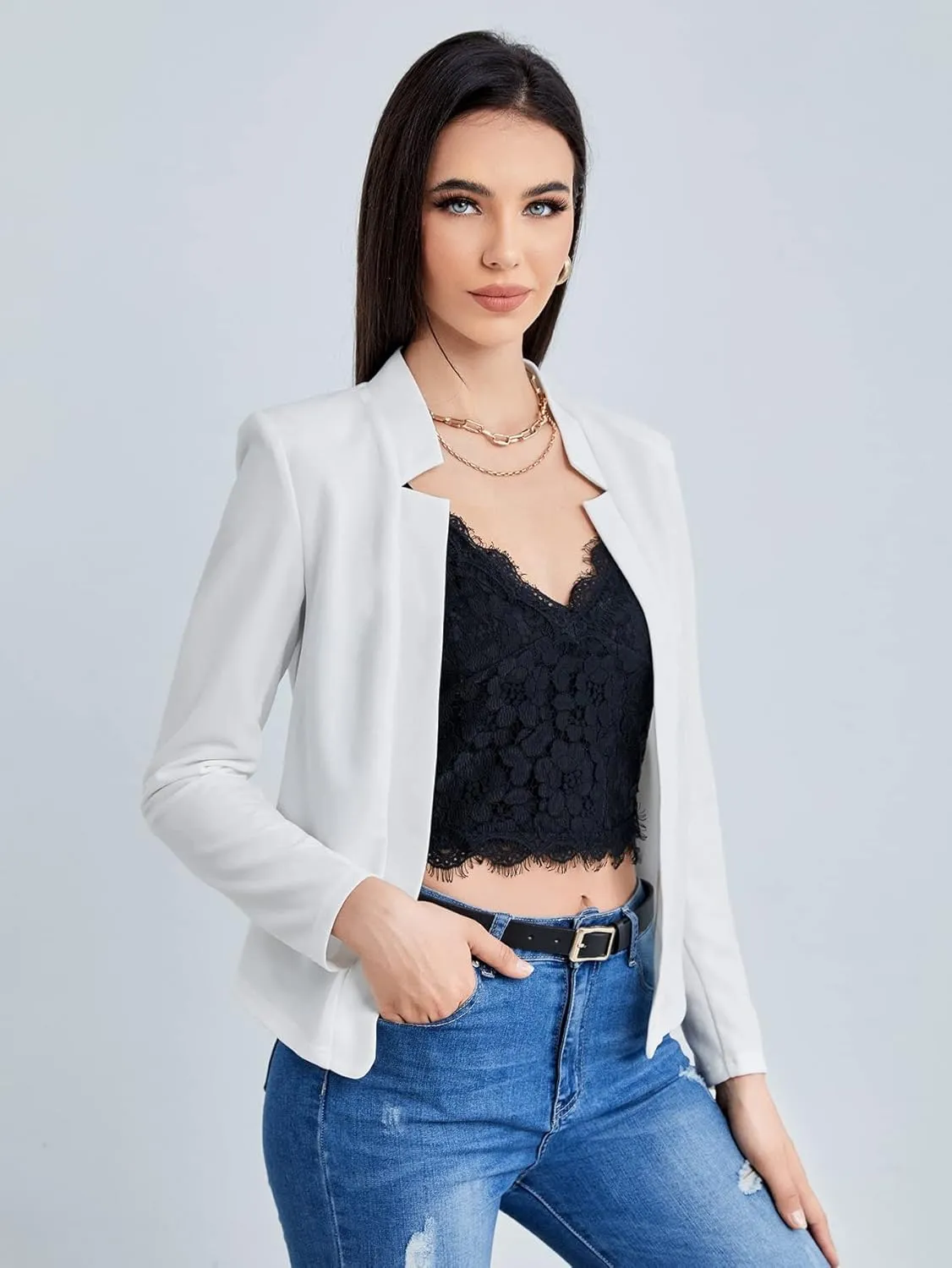 Milumia Women's Elegant Open Front Notched Neck Blazer Work Outerwear Jacket