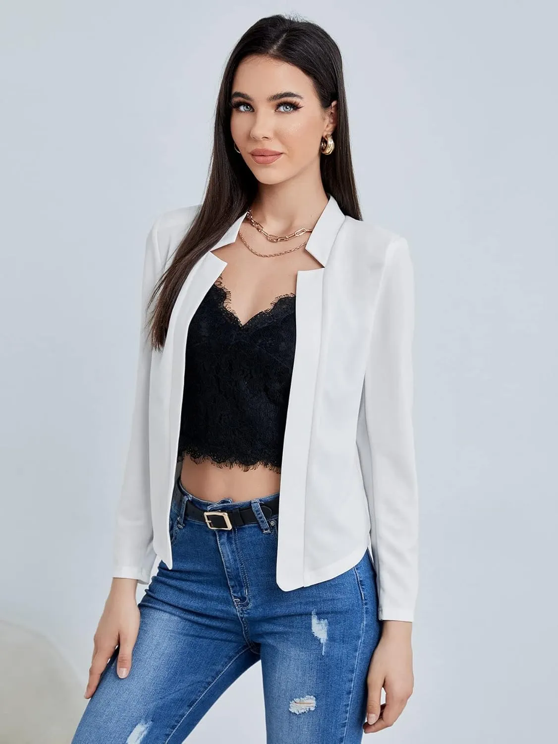 Milumia Women's Elegant Open Front Notched Neck Blazer Work Outerwear Jacket