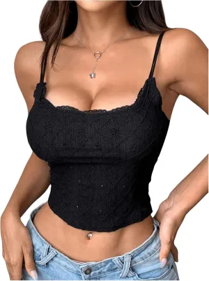 Milumia Women's Lace Trim Square Neck Camisole Spaghetti Strap Fitted Crop Top