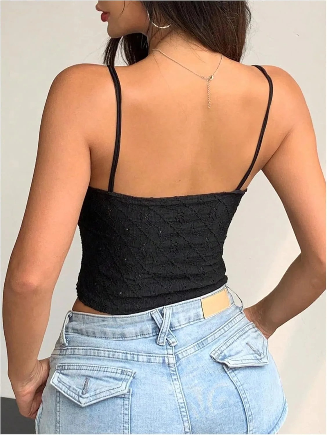 Milumia Women's Lace Trim Square Neck Camisole Spaghetti Strap Fitted Crop Top