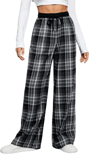 Milumia Women's Plaid Wide Leg Pants Drawstring High Waist Soft Knit Pants with Pocket