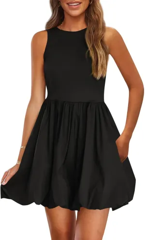 Mini Dress for Women Bubble Sundress Sleeveless Ruffle Hem Dresses High Waist Solid Color Tank Mini Dresses 2025