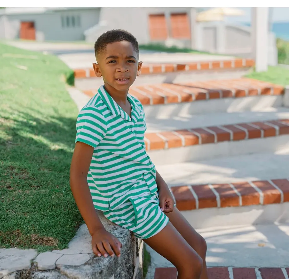 MINNOW~ Boys Bermuda green stripe French Terry short