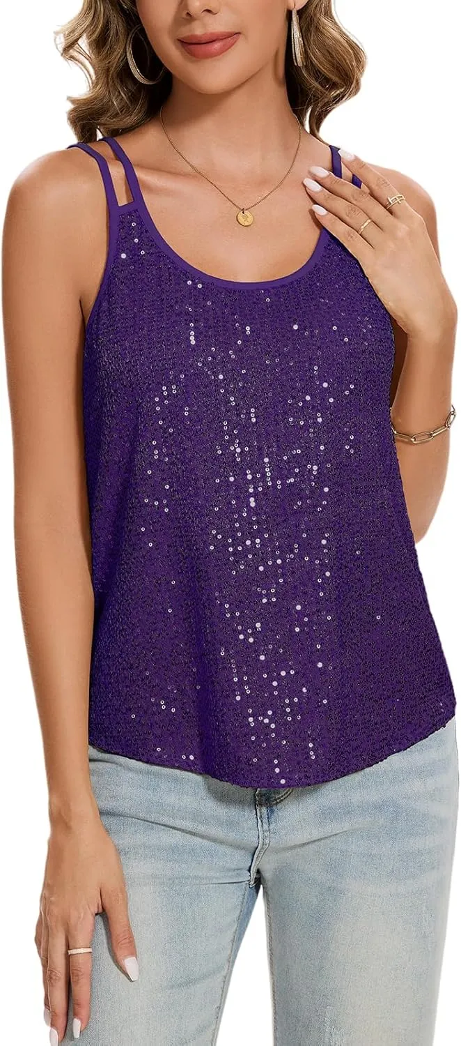 MINTLIMIT Sequin Tops for Women Sleeveless Sparkle Shimmer Tank Tops Glitter Disco Party Camisole Vest Top Blouse Shirt