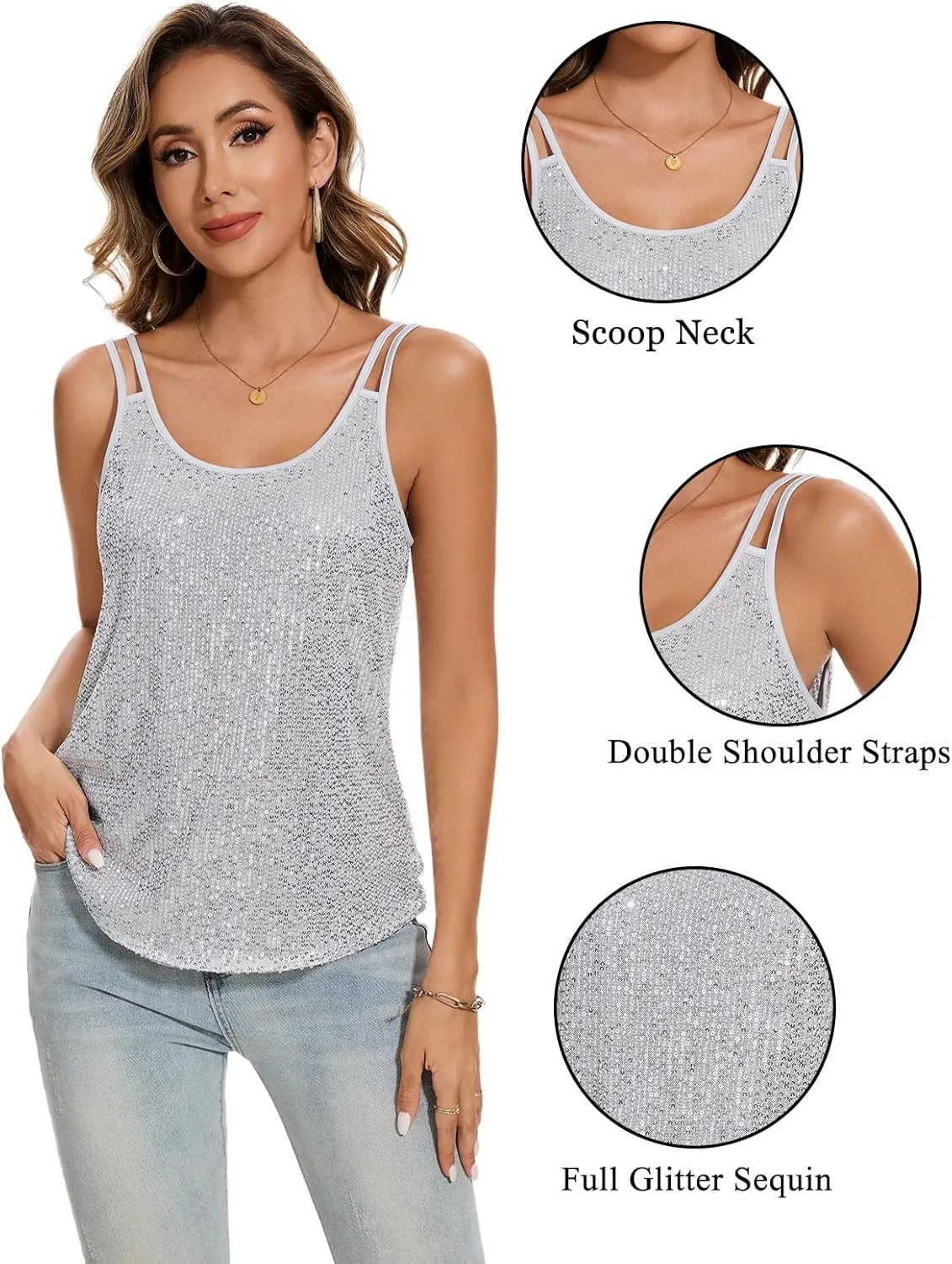 MINTLIMIT Sequin Tops for Women Sleeveless Sparkle Shimmer Tank Tops Glitter Disco Party Camisole Vest Top Blouse Shirt