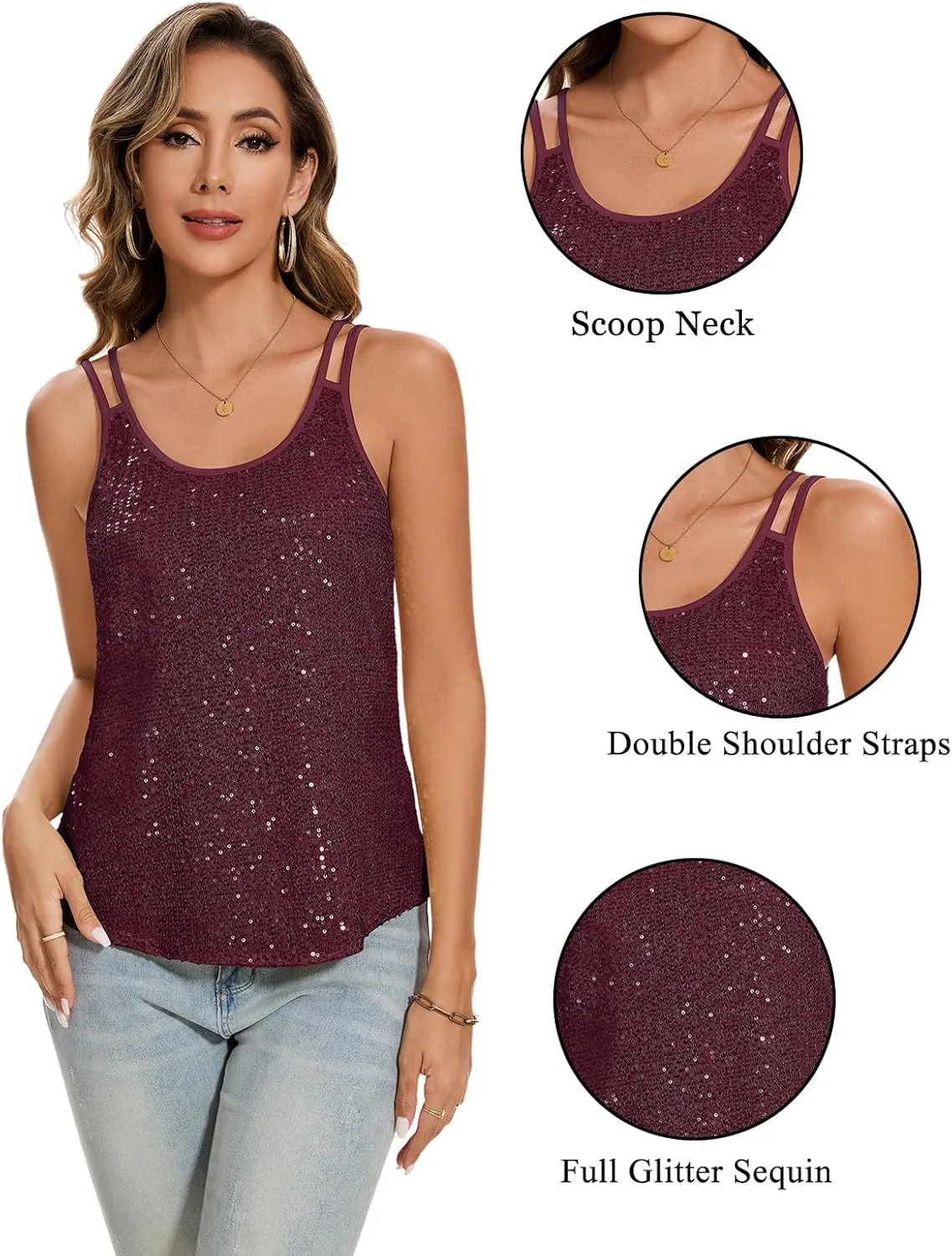 MINTLIMIT Sequin Tops for Women Sleeveless Sparkle Shimmer Tank Tops Glitter Disco Party Camisole Vest Top Blouse Shirt
