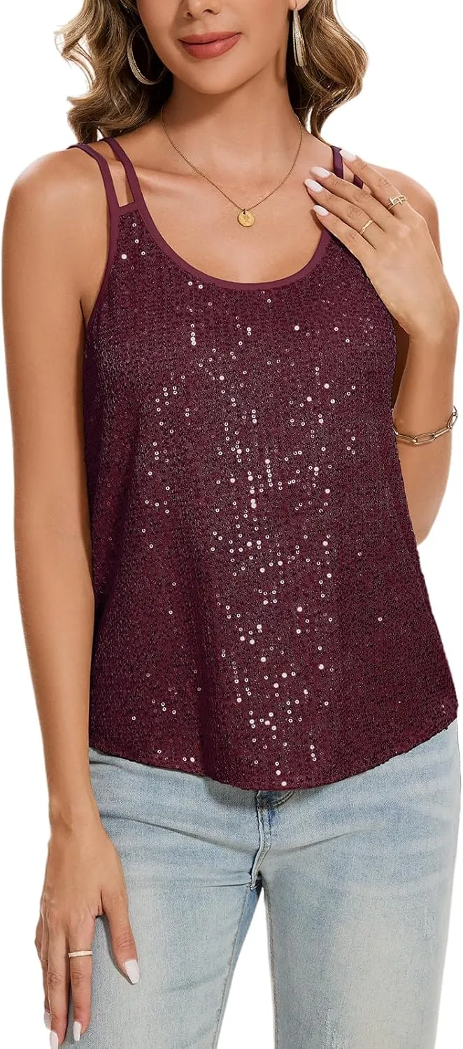 MINTLIMIT Sequin Tops for Women Sleeveless Sparkle Shimmer Tank Tops Glitter Disco Party Camisole Vest Top Blouse Shirt