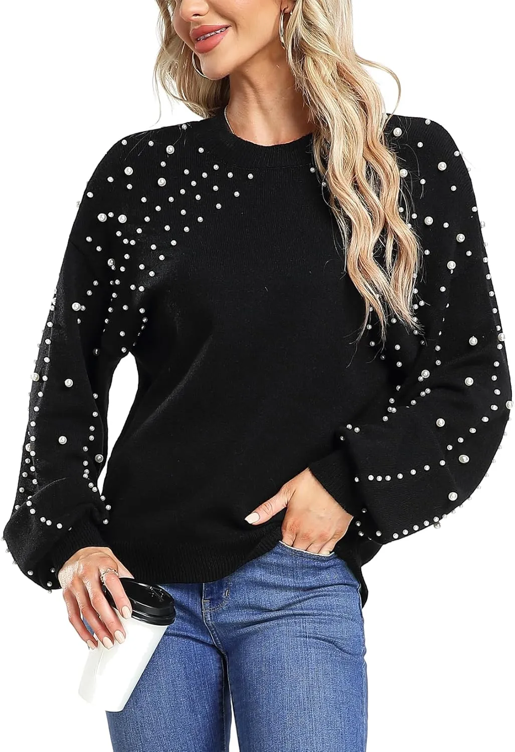 MISS MOLY Women's Chunky Sweaters Lantern Sleeve Crewneck Oversized Knitted Pullover Sweater with Pearls