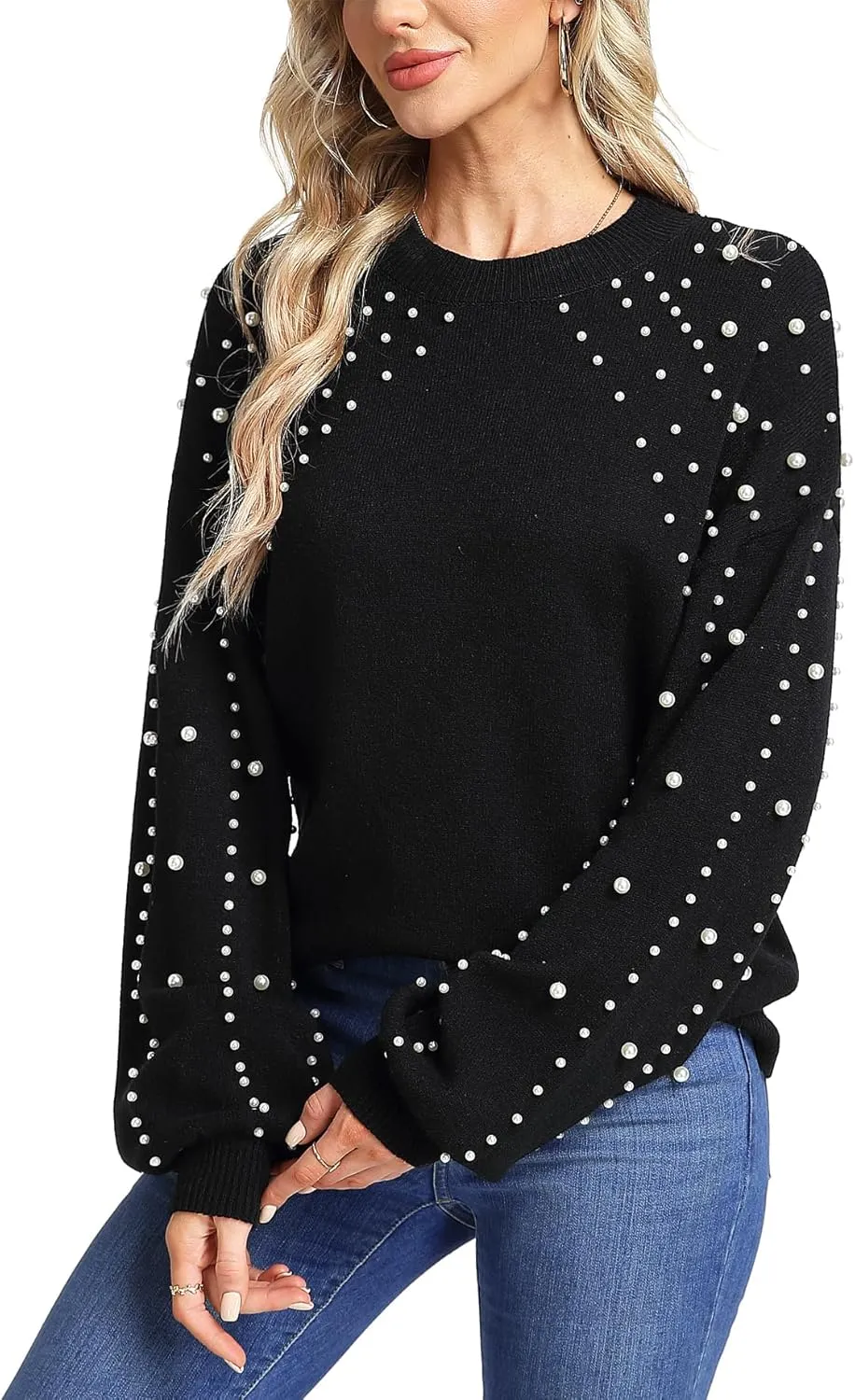 MISS MOLY Women's Chunky Sweaters Lantern Sleeve Crewneck Oversized Knitted Pullover Sweater with Pearls