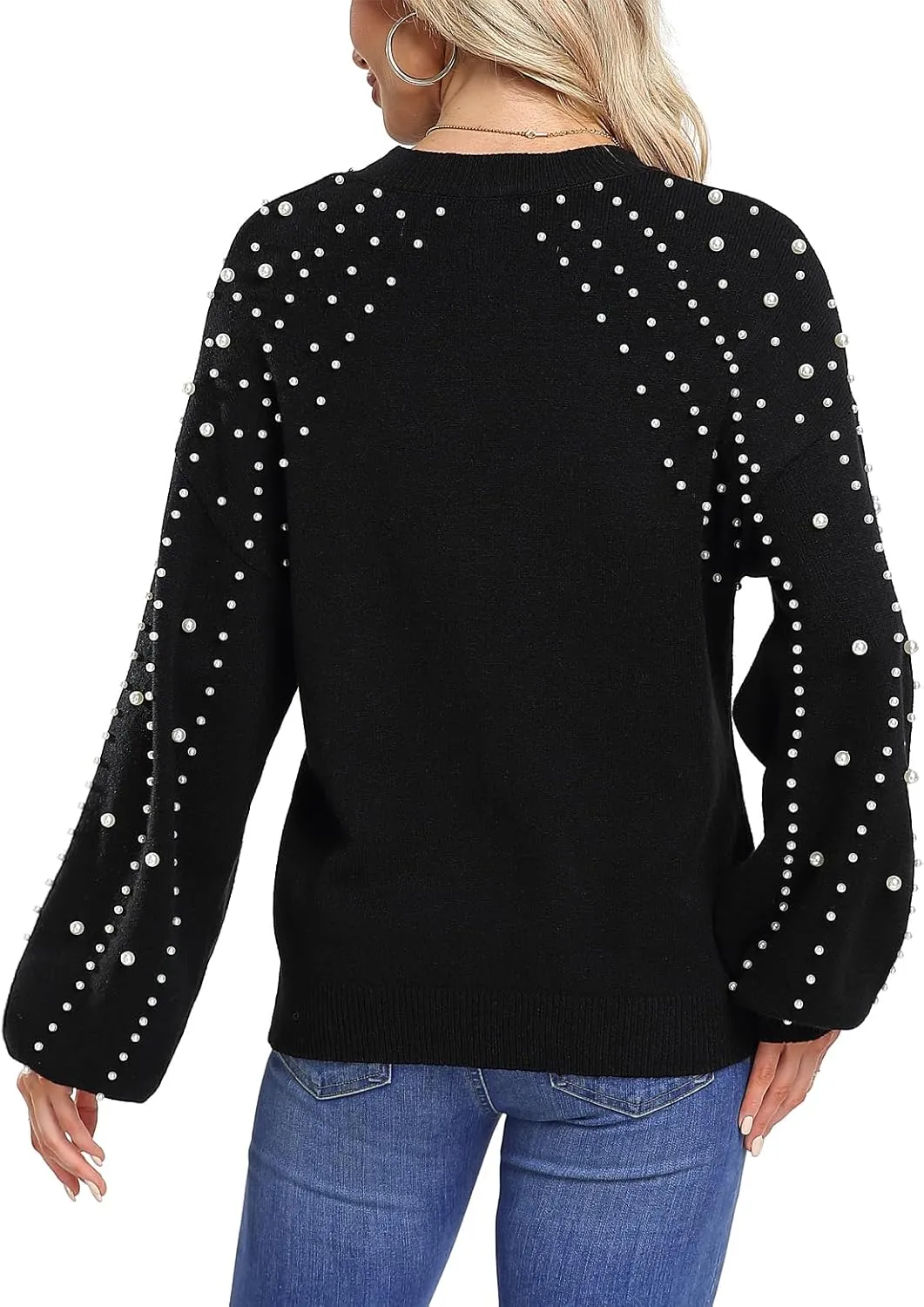 MISS MOLY Women's Chunky Sweaters Lantern Sleeve Crewneck Oversized Knitted Pullover Sweater with Pearls