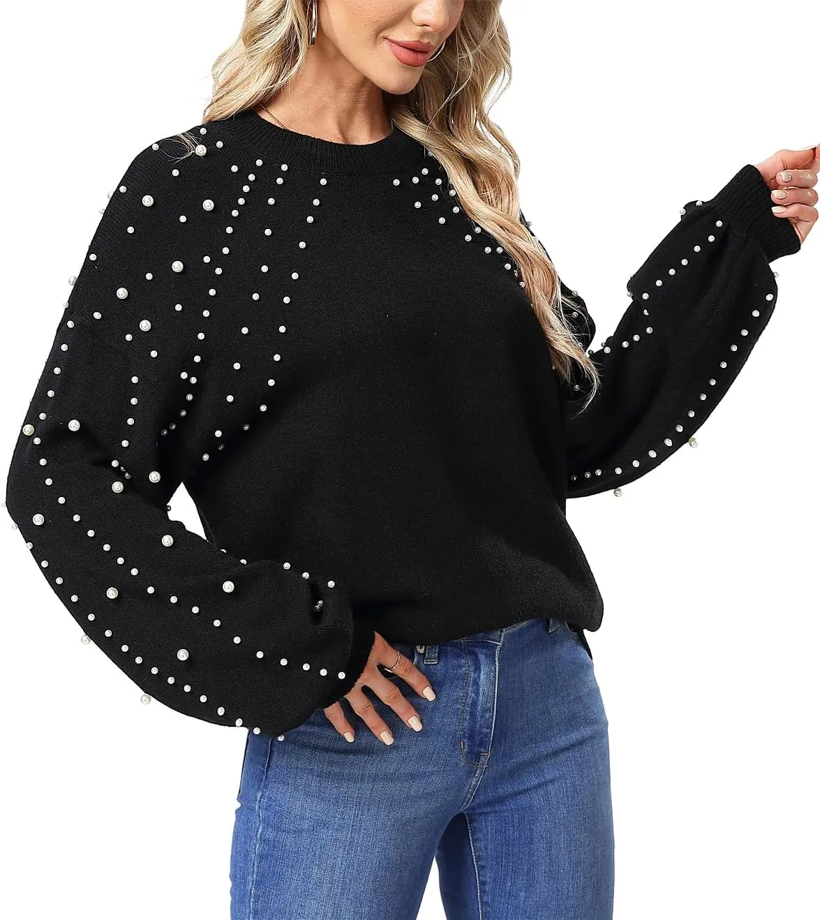 MISS MOLY Women's Chunky Sweaters Lantern Sleeve Crewneck Oversized Knitted Pullover Sweater with Pearls