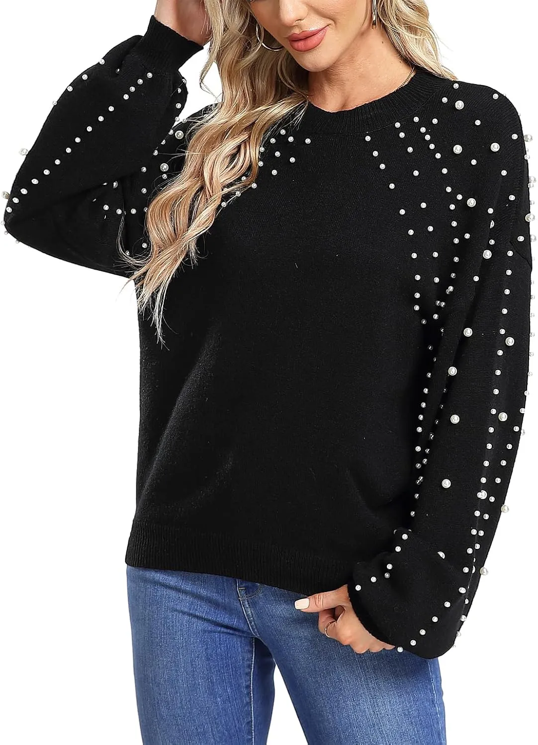 MISS MOLY Women's Chunky Sweaters Lantern Sleeve Crewneck Oversized Knitted Pullover Sweater with Pearls