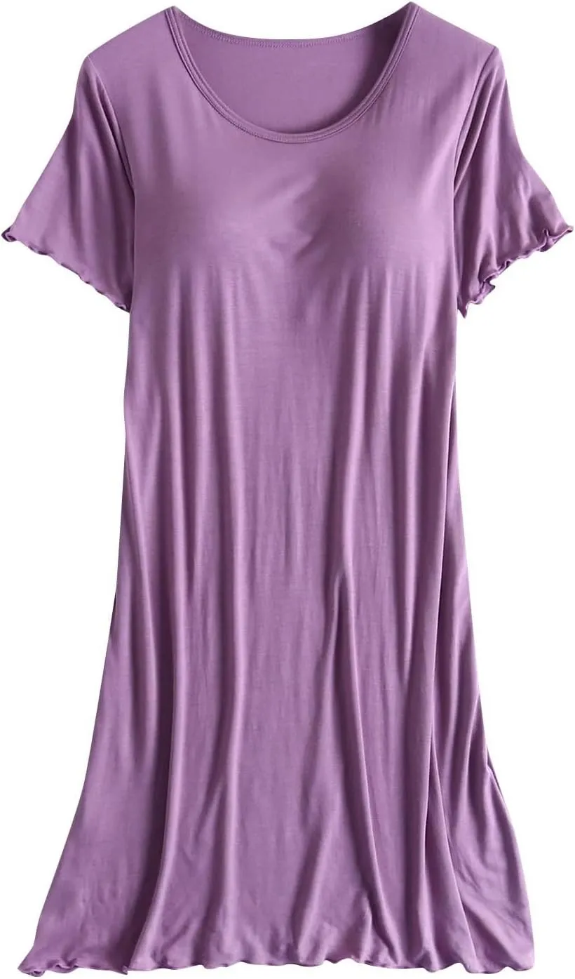 Modal Pajamas with Built In Bra for Women Short Sleeve Sleep Dress Loungewear Soft Nightgown Solid Sleep Nightshirts