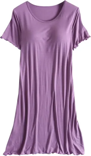 Modal Pajamas with Built In Bra for Women Short Sleeve Sleep Dress Loungewear Soft Nightgown Solid Sleep Nightshirts