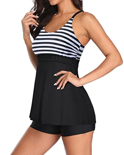 Modest 2 Piece Tummy Control Bathing Suits Boyshorts-Black And White Stripe