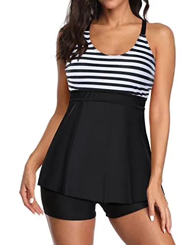 Modest 2 Piece Tummy Control Bathing Suits Boyshorts-Black And White Stripe