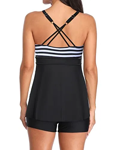 Modest 2 Piece Tummy Control Bathing Suits Boyshorts-Black And White Stripe