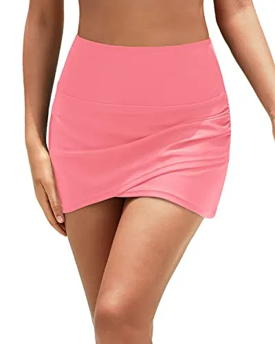 Modest High Waisted Swim Skirt With Built In Shorts-Red Pink