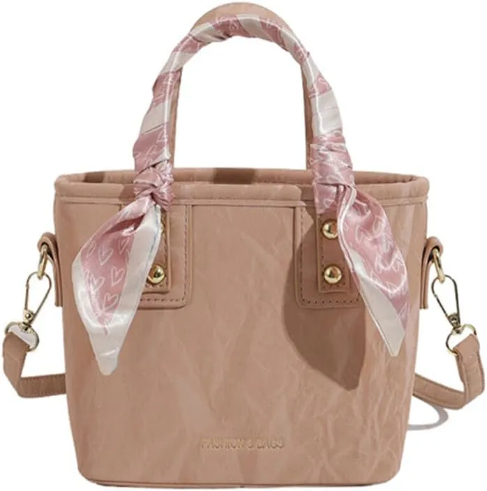 Molodo Small Crossbody Bags for Women Versatile Vegan Leather Shoulder Bag Bucket Bag with Scarf Decoration