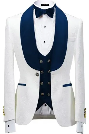 Morton Elegant Navy Blue Shawl Lapel Three-Piece Jacquard Suit for Weddings