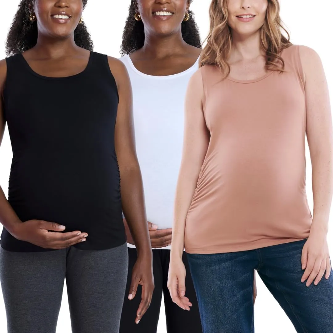 Motherhood Maternity Women's Sleeveless Scoop Neck Side Ruched Pregnancy Tank Top-3 Pack