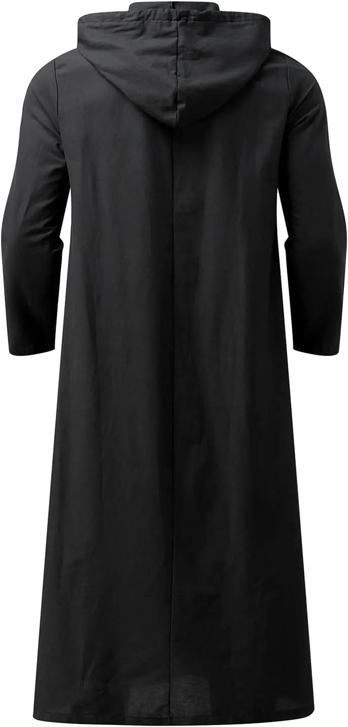 Muslim Hooded Kaftans for Men Linen Robe Long Sleeve Button Down Long Gown Drawstring Shirts Thobe with Pockets
