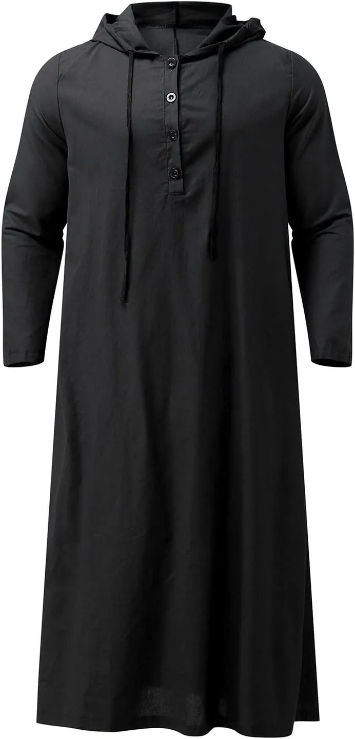 Muslim Hooded Kaftans for Men Linen Robe Long Sleeve Button Down Long Gown Drawstring Shirts Thobe with Pockets