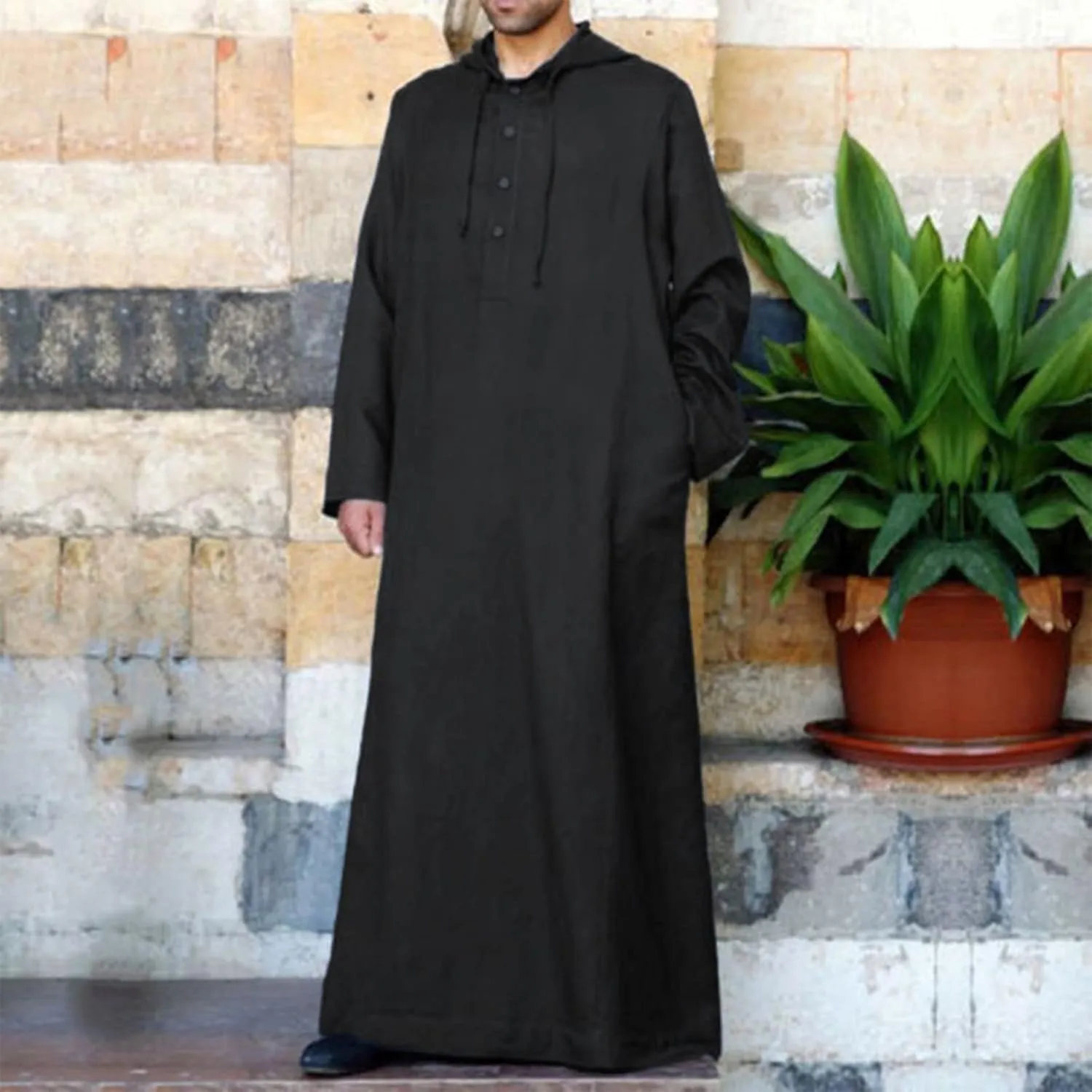 Muslim Hooded Kaftans for Men Linen Robe Long Sleeve Button Down Long Gown Drawstring Shirts Thobe with Pockets