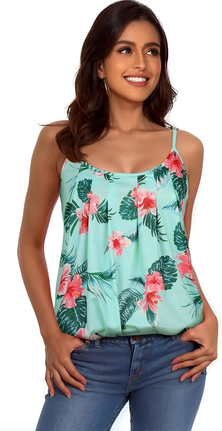 My Sky Tank Tops for Women Summer Sleeveless Adjustable Pleated Spaghetti Straps Camisole Loose Fit Casual Flowy Basic Tops