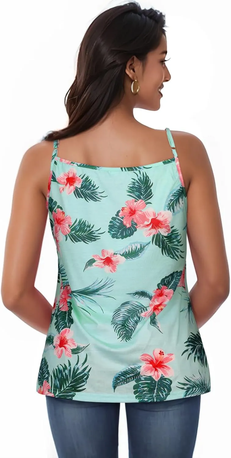 My Sky Tank Tops for Women Summer Sleeveless Adjustable Pleated Spaghetti Straps Camisole Loose Fit Casual Flowy Basic Tops