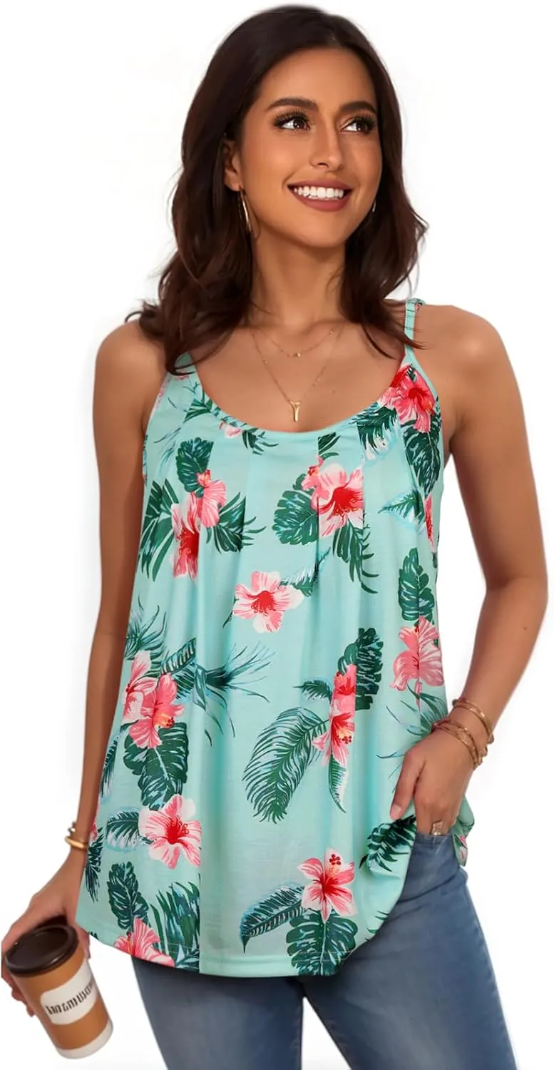My Sky Tank Tops for Women Summer Sleeveless Adjustable Pleated Spaghetti Straps Camisole Loose Fit Casual Flowy Basic Tops