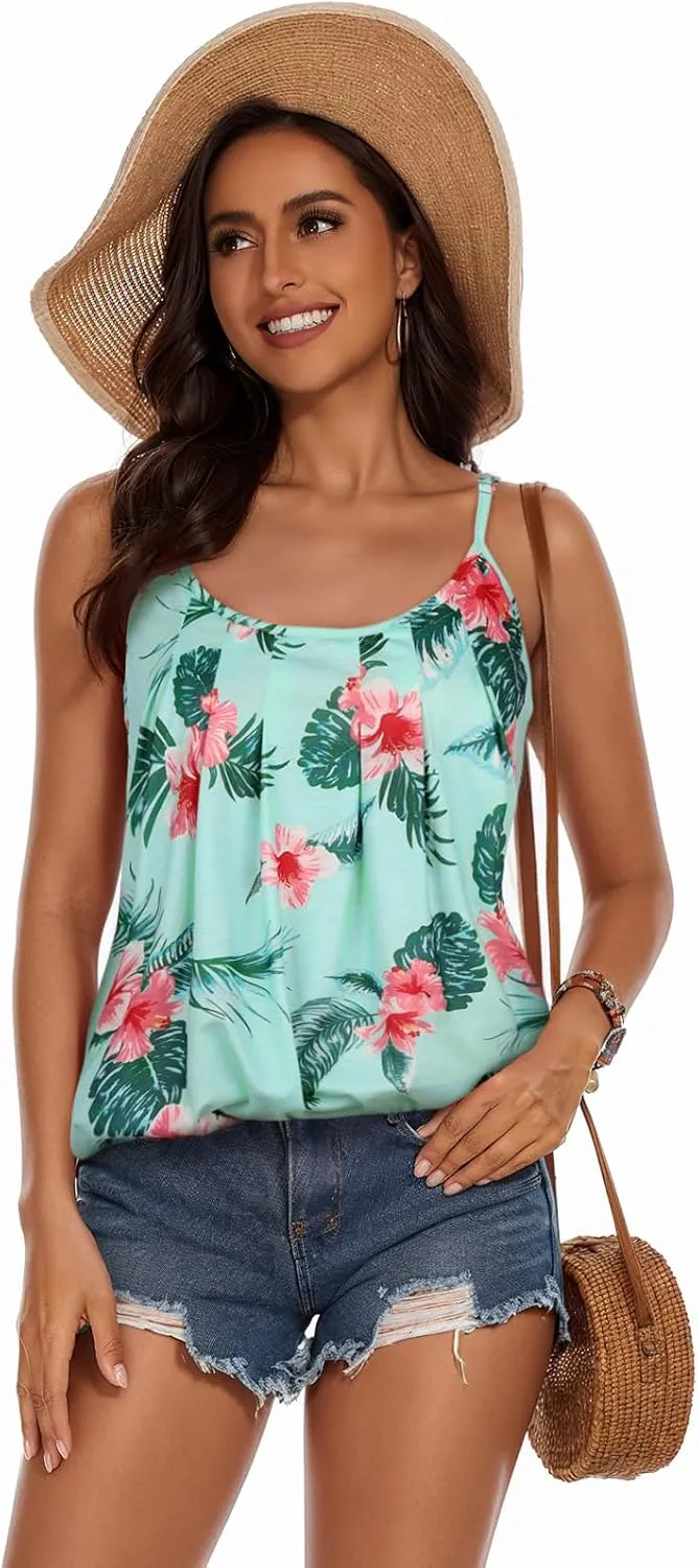 My Sky Tank Tops for Women Summer Sleeveless Adjustable Pleated Spaghetti Straps Camisole Loose Fit Casual Flowy Basic Tops