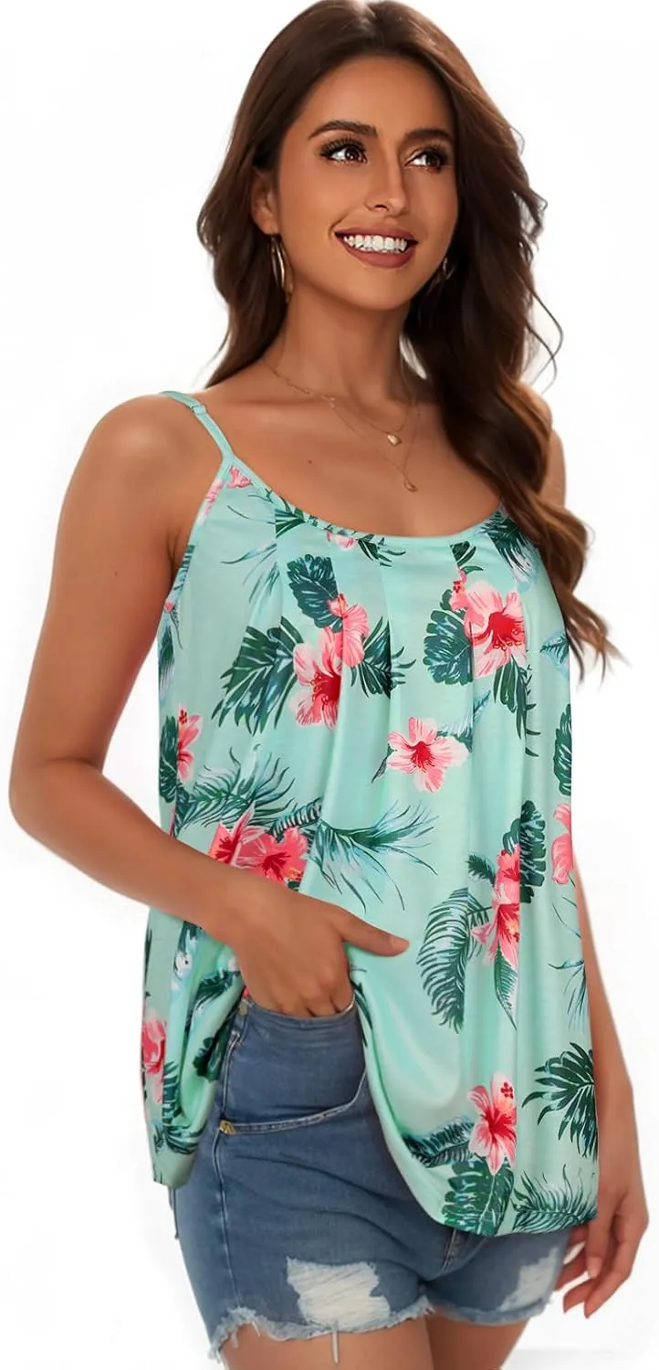 My Sky Tank Tops for Women Summer Sleeveless Adjustable Pleated Spaghetti Straps Camisole Loose Fit Casual Flowy Basic Tops