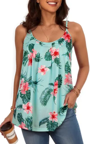 My Sky Tank Tops for Women Summer Sleeveless Adjustable Pleated Spaghetti Straps Camisole Loose Fit Casual Flowy Basic Tops