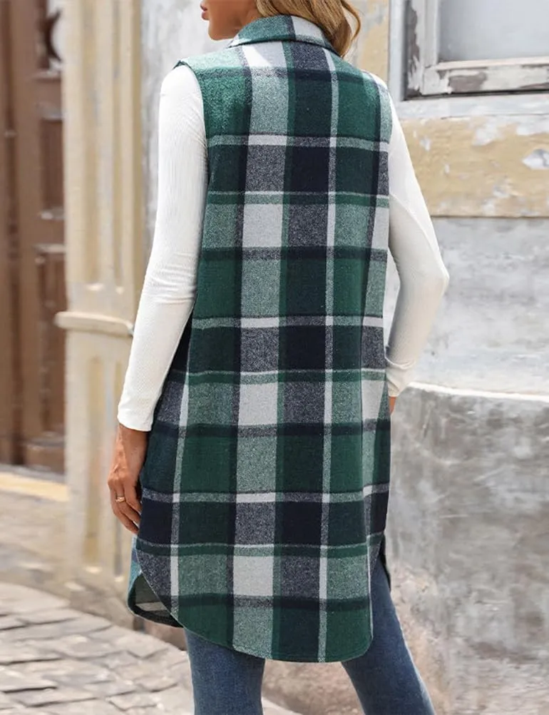 Mywinway Long Plaid Vest for Women 2025 Fall Winter Sleeveless Blazer Jackets Outerwear Trendy Tops