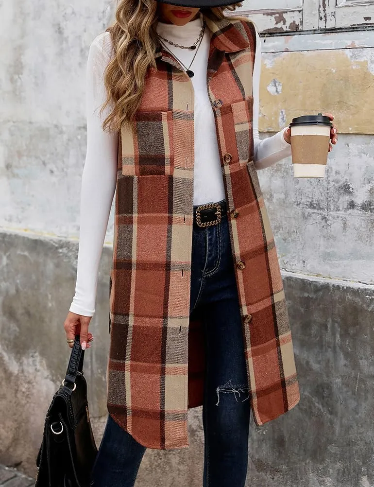 Mywinway Long Plaid Vest for Women 2025 Fall Winter Sleeveless Blazer Jackets Outerwear Trendy Tops