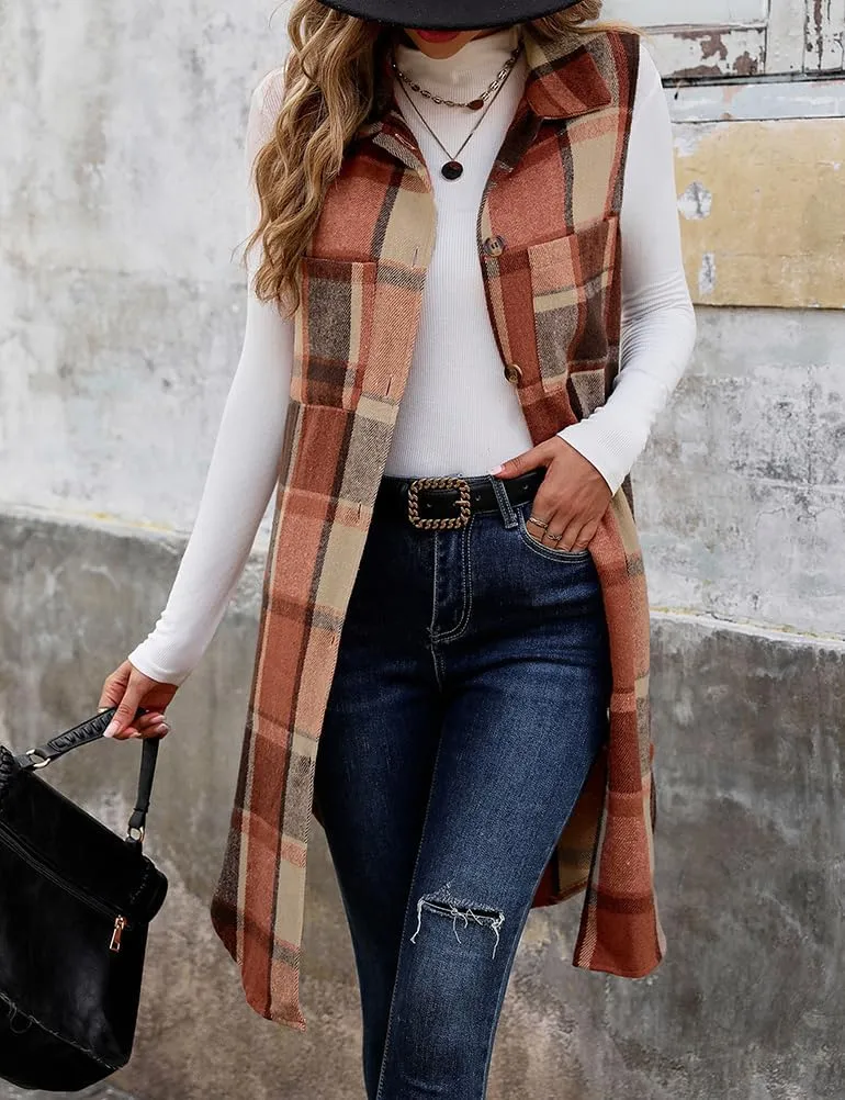 Mywinway Long Plaid Vest for Women 2025 Fall Winter Sleeveless Blazer Jackets Outerwear Trendy Tops