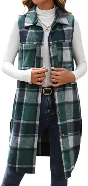 Mywinway Long Plaid Vest for Women 2025 Fall Winter Sleeveless Blazer Jackets Outerwear Trendy Tops