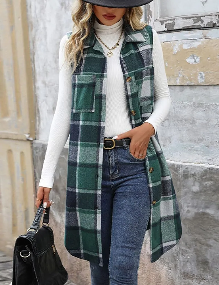 Mywinway Long Plaid Vest for Women 2025 Fall Winter Sleeveless Blazer Jackets Outerwear Trendy Tops