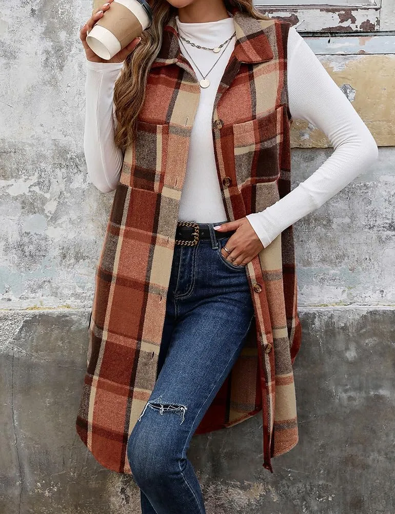 Mywinway Long Plaid Vest for Women 2025 Fall Winter Sleeveless Blazer Jackets Outerwear Trendy Tops