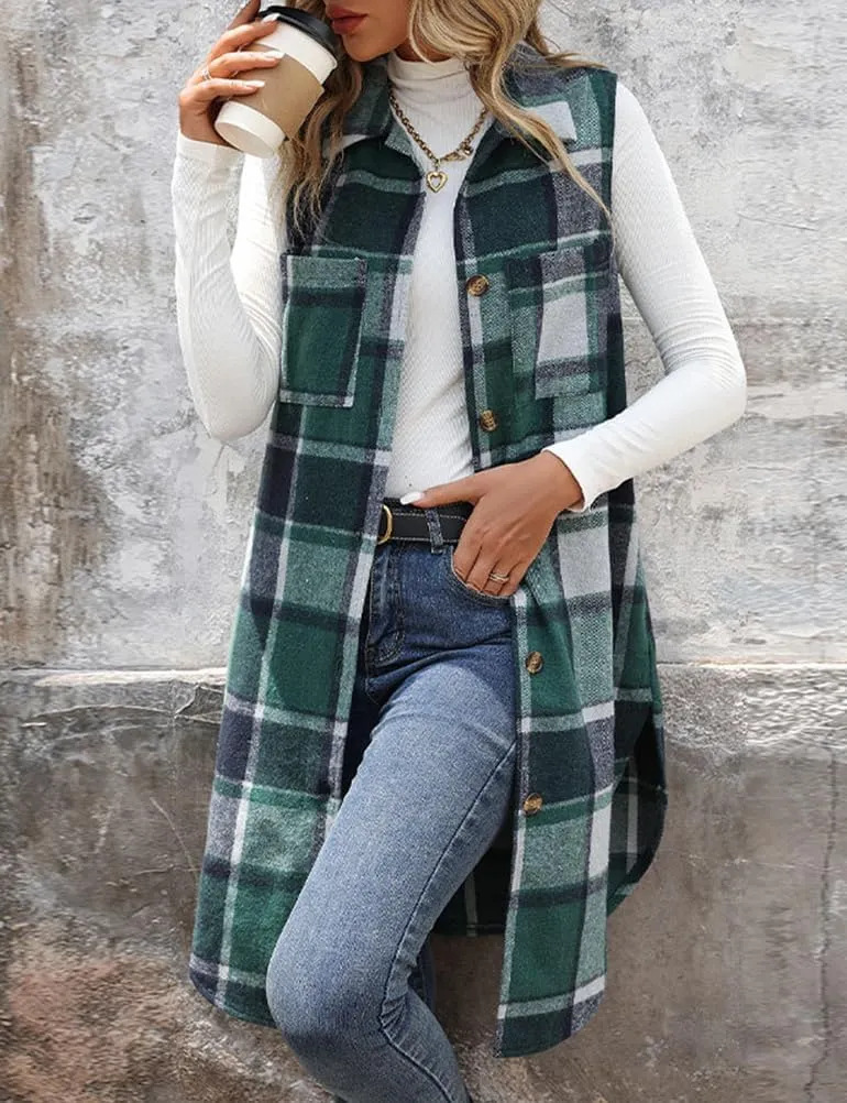 Mywinway Long Plaid Vest for Women 2025 Fall Winter Sleeveless Blazer Jackets Outerwear Trendy Tops