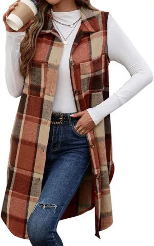 Mywinway Long Plaid Vest for Women 2025 Fall Winter Sleeveless Blazer Jackets Outerwear Trendy Tops